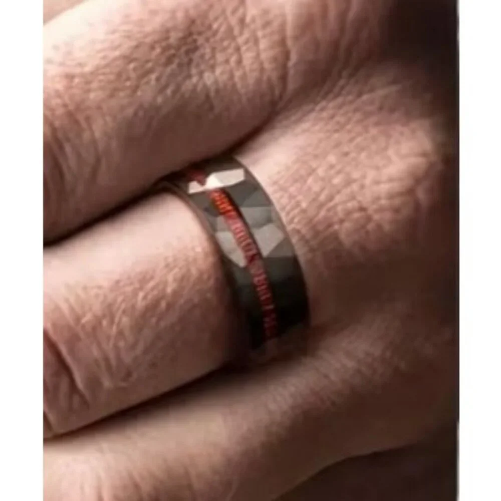 Hammered Tungsten Carbide Koa Wood Inlay Channel Wedding engagement ring
